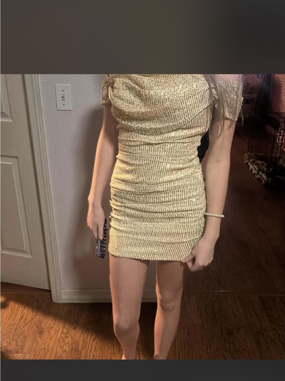 Gold Off-Shoulder Ruched Mini Dress - Picture 2 of 3